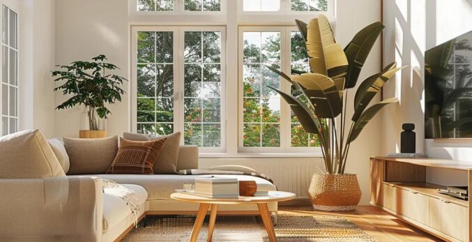 a bright and inviting modern living room, meticulously organized and sparkling clean, showcases promotional signage for seasonal cleaning deals, with plush furnishings and stylish decor that exude a refreshing, revitalized atmosphere.