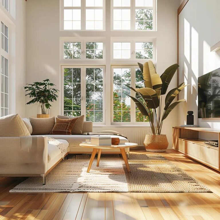 a bright and inviting modern living room, meticulously organized and sparkling clean, showcases promotional signage for seasonal cleaning deals, with plush furnishings and stylish decor that exude a refreshing, revitalized atmosphere.