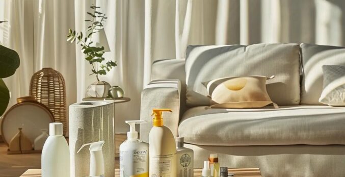 a bright, modern living room featuring eco-friendly cleaning products arranged artistically on a sleek coffee table, showcasing a harmonious blend of style and sustainability.