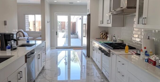 a gleaming, immaculate kitchen with modern appliances and glistening surfaces, showcasing a professional maid meticulously organizing cleaning supplies, embodies the excellence of trusted local maid services in hayward.