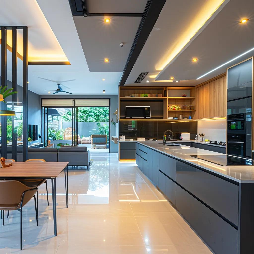 a modern home interior, featuring a sleek kitchen with contrasting areas of clutter and cleanliness, visually representing the comparison between the affordability of maid services and self-cleaning.