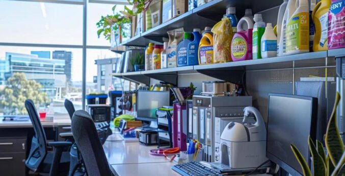 a modern, vibrant cleaning service workspace in hayward, featuring tidy, organized cleaning supplies and cheerful staff engaging with digital scheduling tools, radiating professionalism and readiness for local maid services.