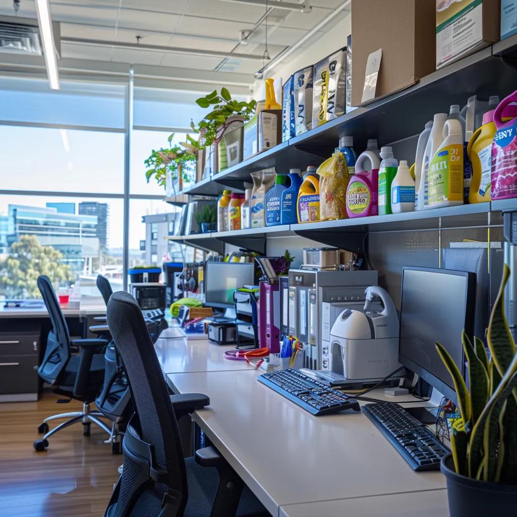 a modern, vibrant cleaning service workspace in hayward, featuring tidy, organized cleaning supplies and cheerful staff engaging with digital scheduling tools, radiating professionalism and readiness for local maid services.