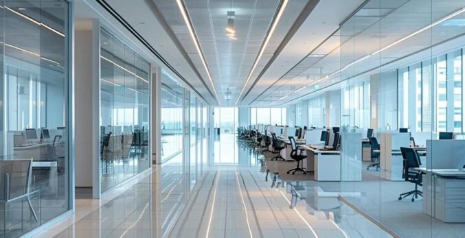 a pristine office interior showcases gleaming desks and organized workspaces, highlighting the impact of deep cleaning choices on fostering a safer and more productive work environment.