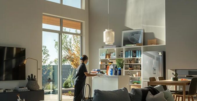 a sleek, modern living room with polished surfaces and organized furnishings serves as a backdrop for a professional maid in uniform, methodically arranging cleaning supplies, highlighting the impeccable service of maid services in hayward.