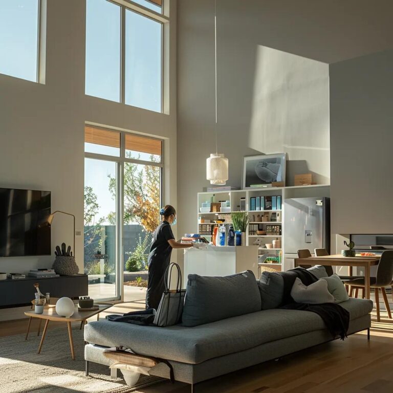 a sleek, modern living room with polished surfaces and organized furnishings serves as a backdrop for a professional maid in uniform, methodically arranging cleaning supplies, highlighting the impeccable service of maid services in hayward.
