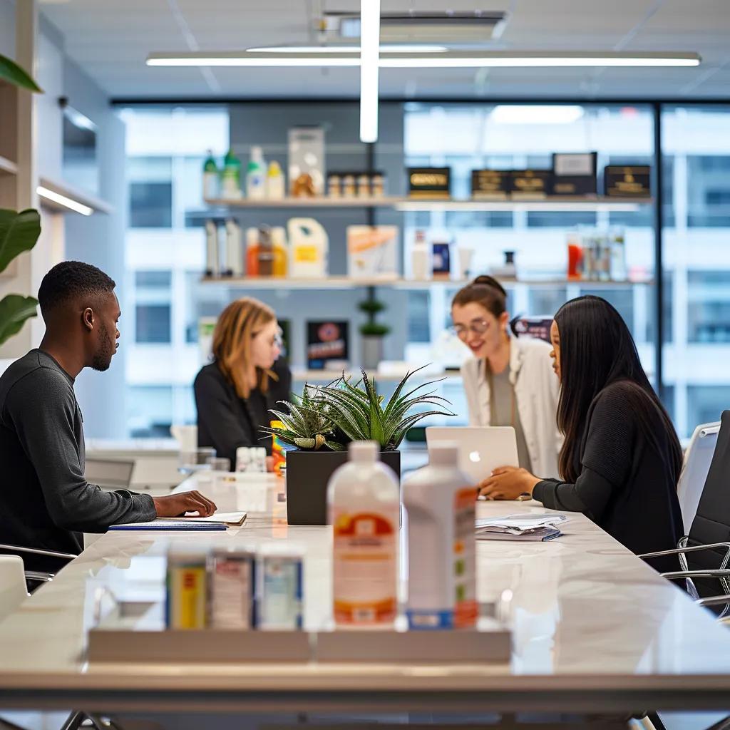 a sleek, modern office space showcases a diverse team enthusiastically collaborating around a large table, surrounded by cleaning supplies and pamphlets that emphasize affordability in professional cleaning services.