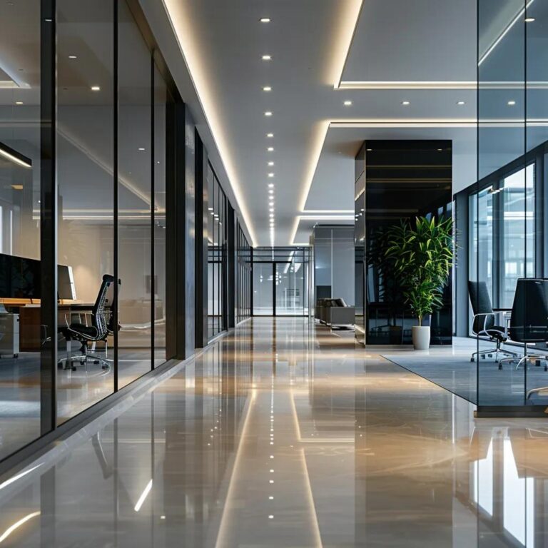 a sleek, modern office space with polished surfaces and neatly arranged furniture, illuminated by bright, even lighting, symbolizes the importance of professional deep cleaning services in busy business environments.