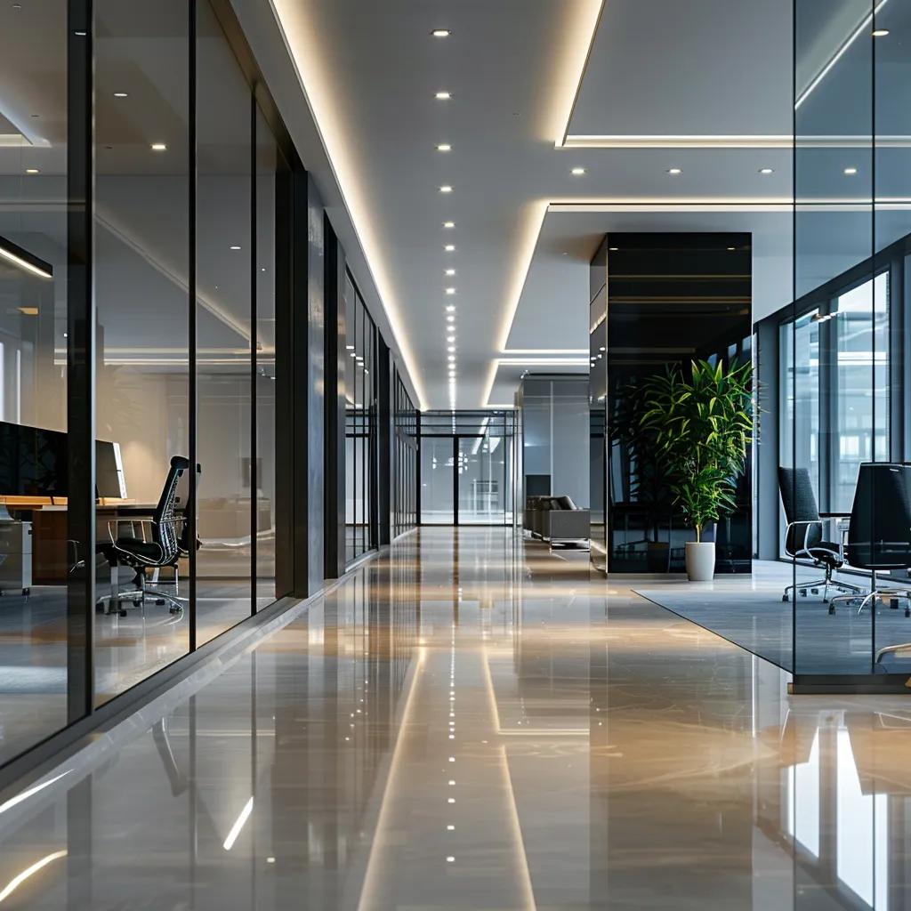 a sleek, modern office space with polished surfaces and neatly arranged furniture, illuminated by bright, even lighting, symbolizes the importance of professional deep cleaning services in busy business environments.