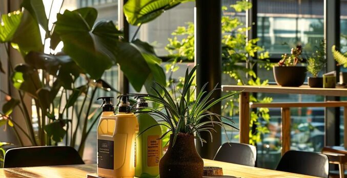 a vibrant modern office space with sleek furniture, featuring eco-friendly cleaning products prominently displayed on a polished desk, sunlight filtering through large windows to highlight their sustainable design.