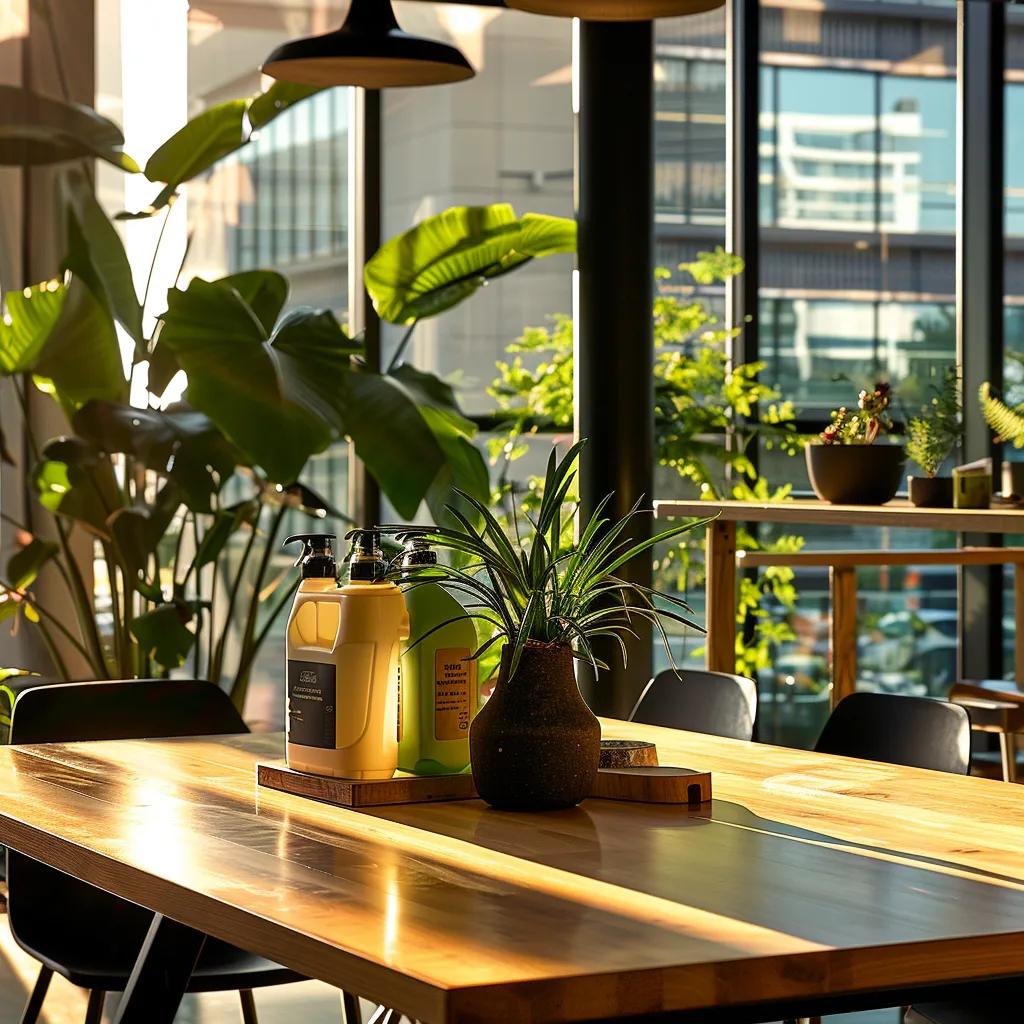 a vibrant modern office space with sleek furniture, featuring eco-friendly cleaning products prominently displayed on a polished desk, sunlight filtering through large windows to highlight their sustainable design.