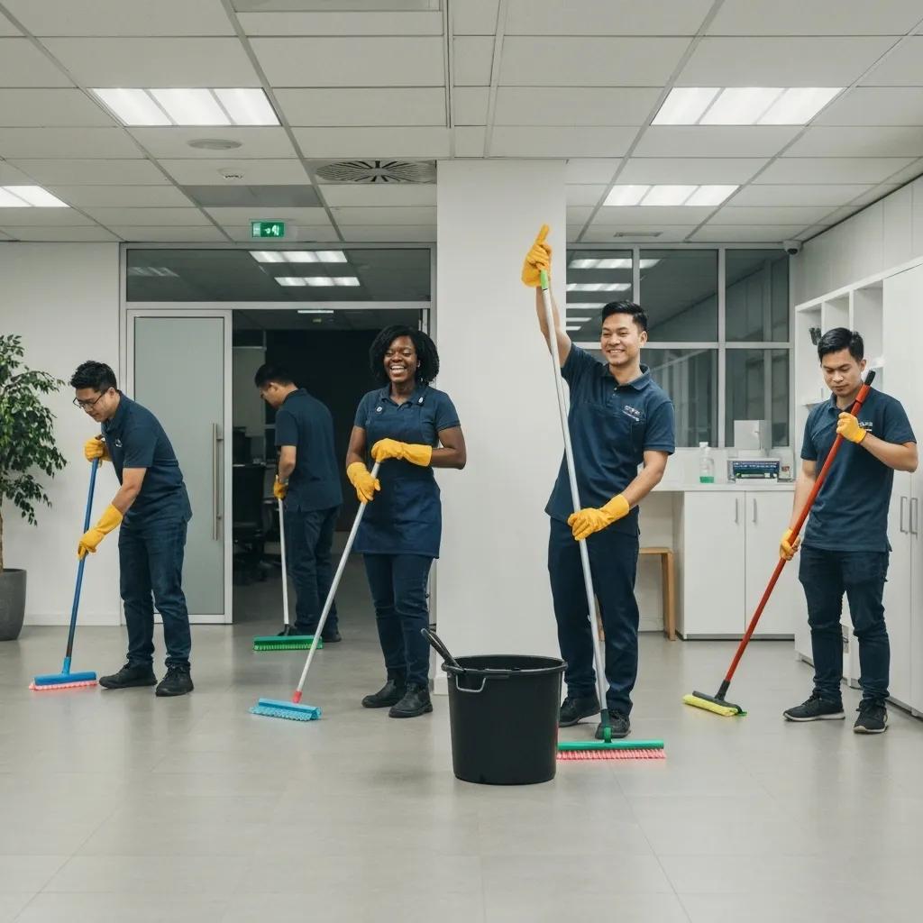 Professional cleaning team using eco-friendly products in a modern office