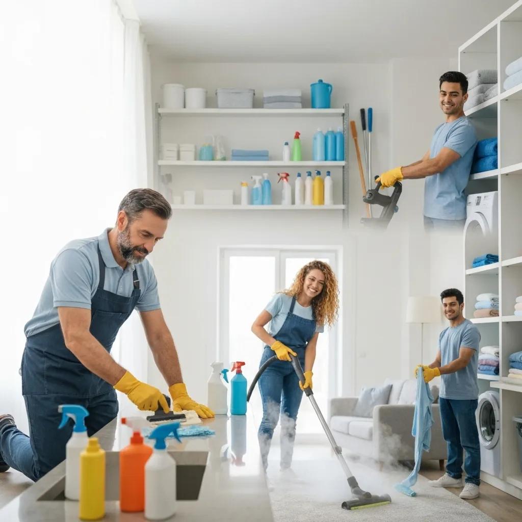Specialized cleaning services in action, showcasing deep cleaning, carpet cleaning, and laundry organization