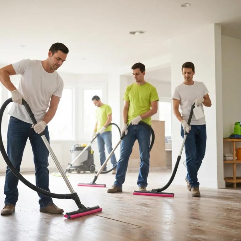 Professional cleaning team removing dust and debris in a newly renovated home