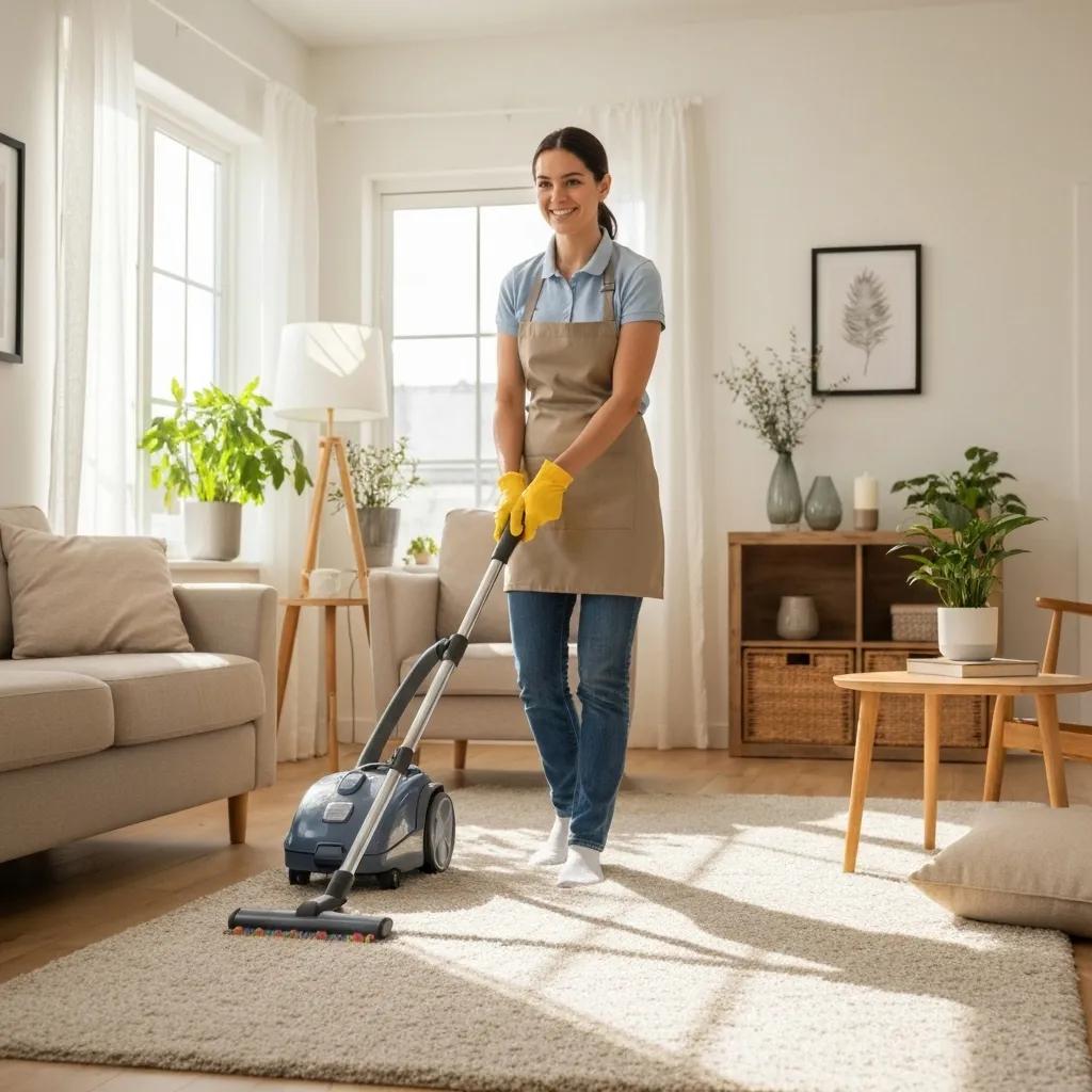 Professional house cleaning service in a bright living room, emphasizing cleanliness and comfort