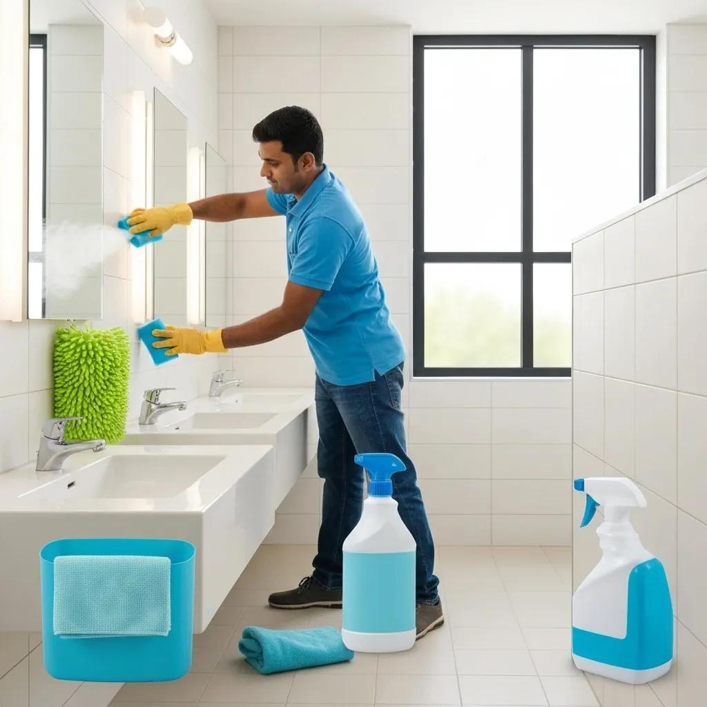 Deep cleaning service in a restroom, highlighting thorough sanitation and eco-friendly cleaning products