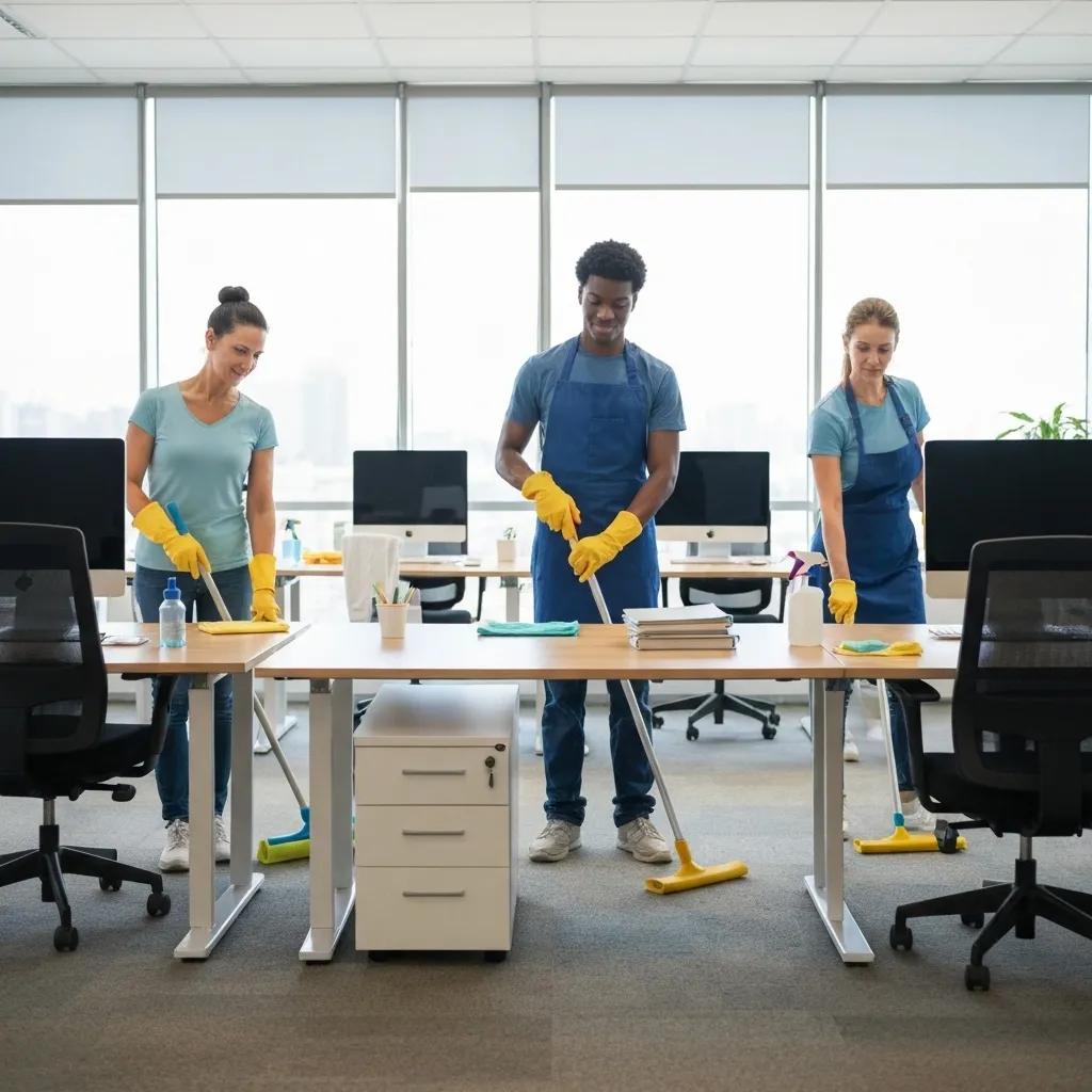 Professional cleaning team using eco-friendly products in a modern office
