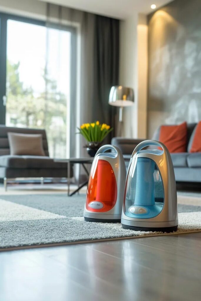 Different types of DIY carpet shampooers displayed in a home environment