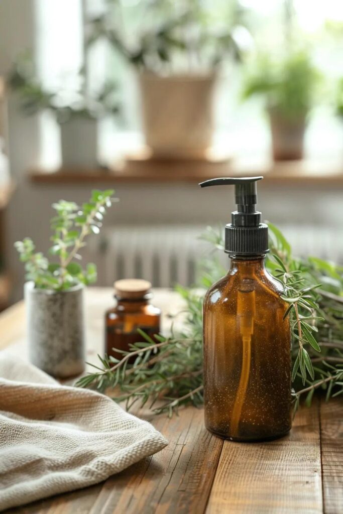 Natural carpet cleaning products with plant-based ingredients on a wooden table