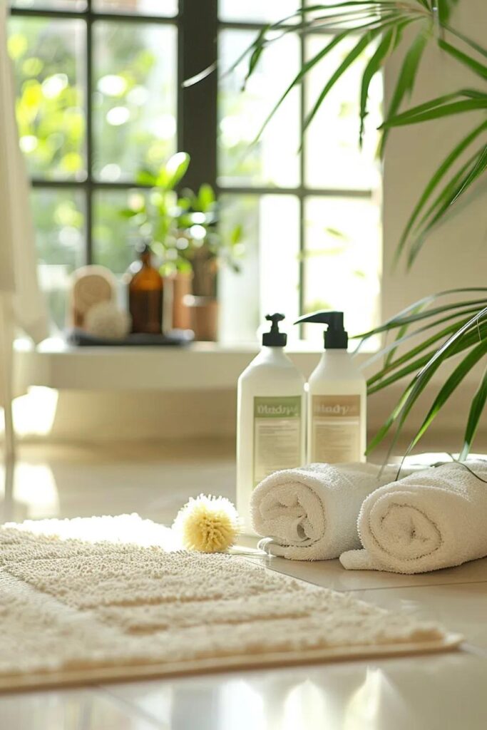 A beautiful display of eco-friendly carpet cleaning products in a bright, natural setting, emphasizing Maid4You's commitment to safe and effective solutions for your home.