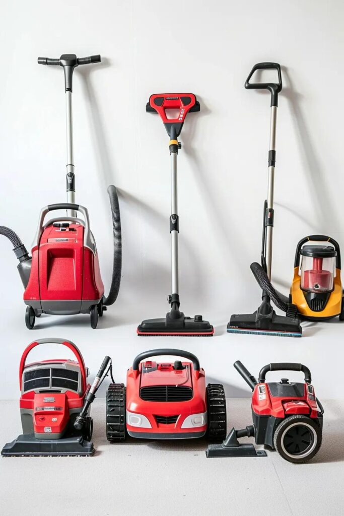A visual comparison of various carpet cleaning machines, including a powerful shampooer, a deep-cleaning steam cleaner, a quick-drying dry cleaner, and a handy portable spot cleaner, showcasing options for every need.