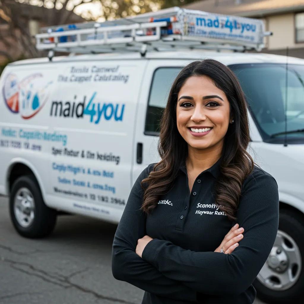 Amy Khan, the passionate founder of Maid4You, Inc., proudly stands with a Maid4You cleaning van in a friendly Hayward neighborhood, ready to serve her community.