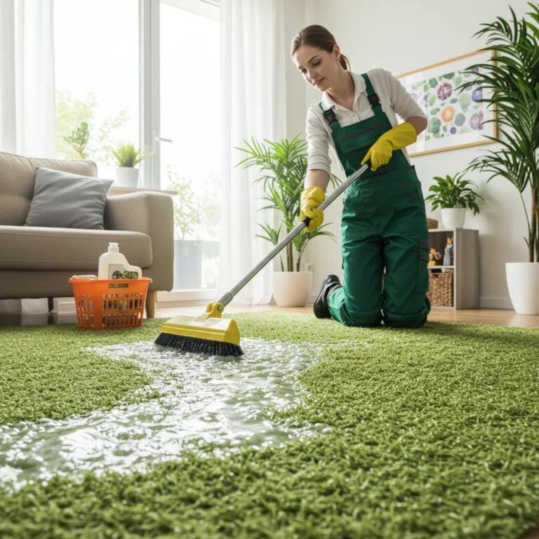 A Maid4You professional gently cleans carpets in a bright living room, ensuring a healthy space for family and pets.