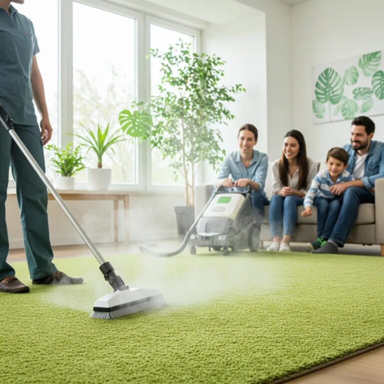 Eco-friendly carpet cleaning in a bright living room with a professional cleaner using steam cleaning equipment