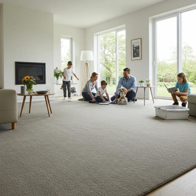 A happy family enjoying their beautifully clean, eco-friendly carpet in a bright living room, highlighting safety and comfort for everyone.