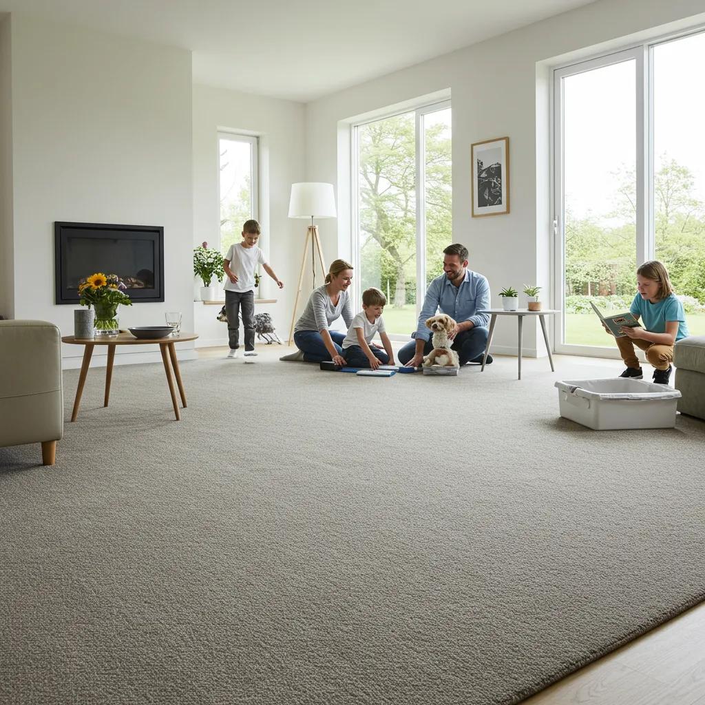 A happy family enjoying their beautifully clean, eco-friendly carpet in a bright living room, highlighting safety and comfort for everyone.