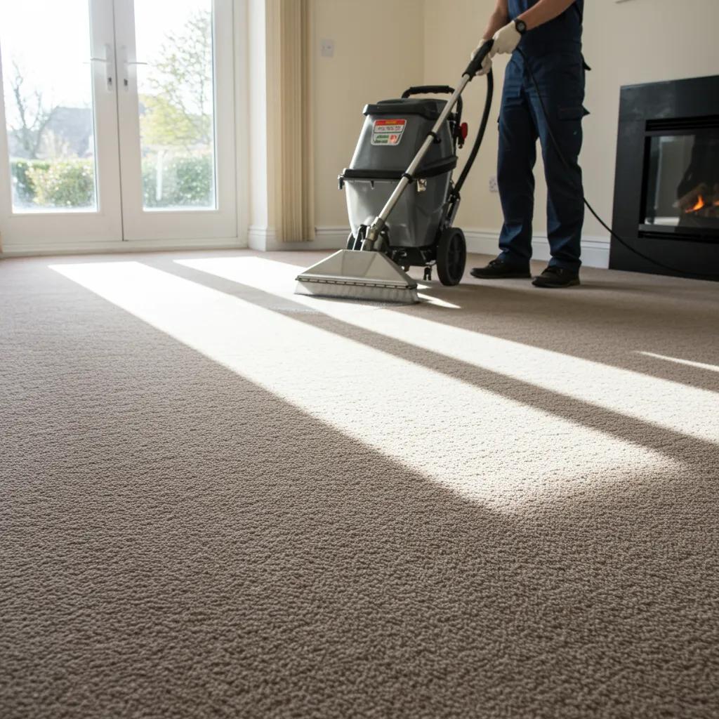 A beautifully refreshed carpet in a sunlit living room, expertly cleaned by a Maid4You technician using advanced hot water extraction.