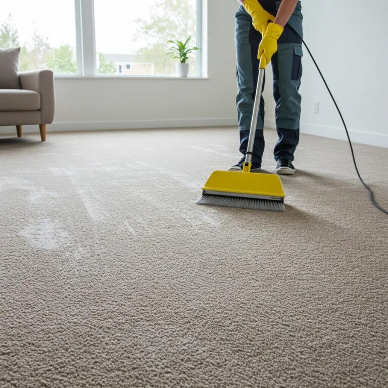 A Maid4You professional meticulously steam cleaning a vibrant living room carpet with eco-friendly solutions, ensuring a fresh and healthy home.