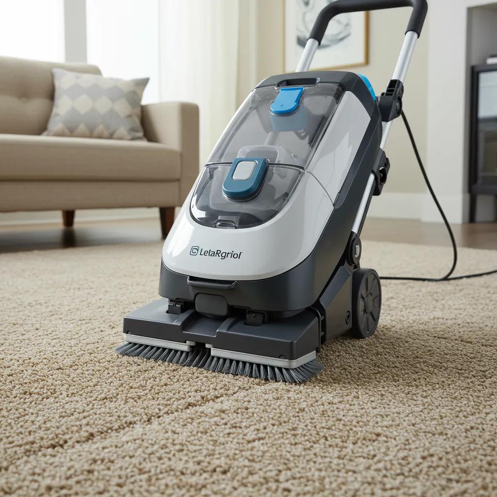 A modern carpet shampooer diligently cleaning a soft, plush carpet in a bright, inviting living room, ensuring a fresh and comfortable home.