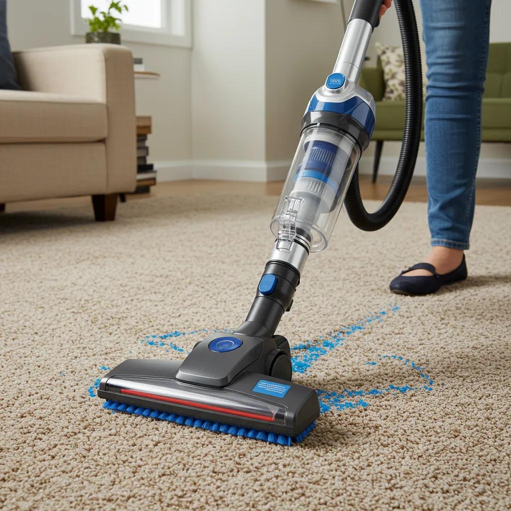 A person expertly vacuuming a carpet, demonstrating the importance of daily care for long-lasting carpet beauty.