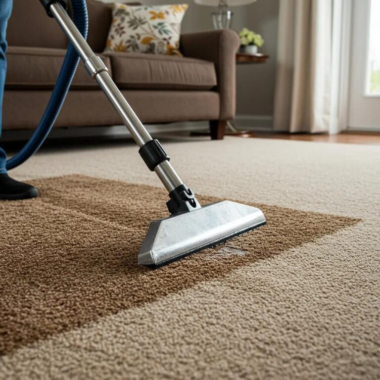 A professional carpet cleaning technician using hot water extraction to make a living room sparkle.