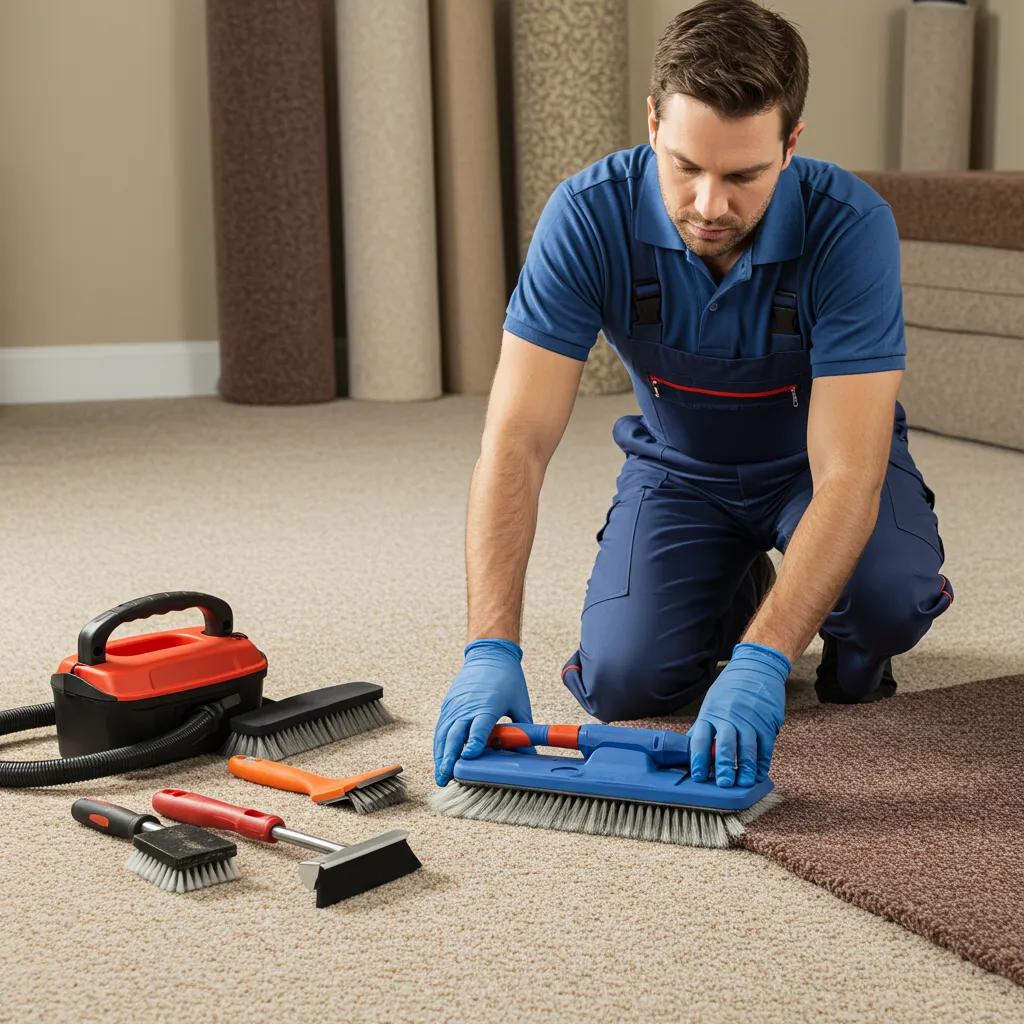 A dedicated Maid4You professional carefully inspecting a carpet with specialized cleaning tools, showcasing our commitment to preventing shrinkage and damage.