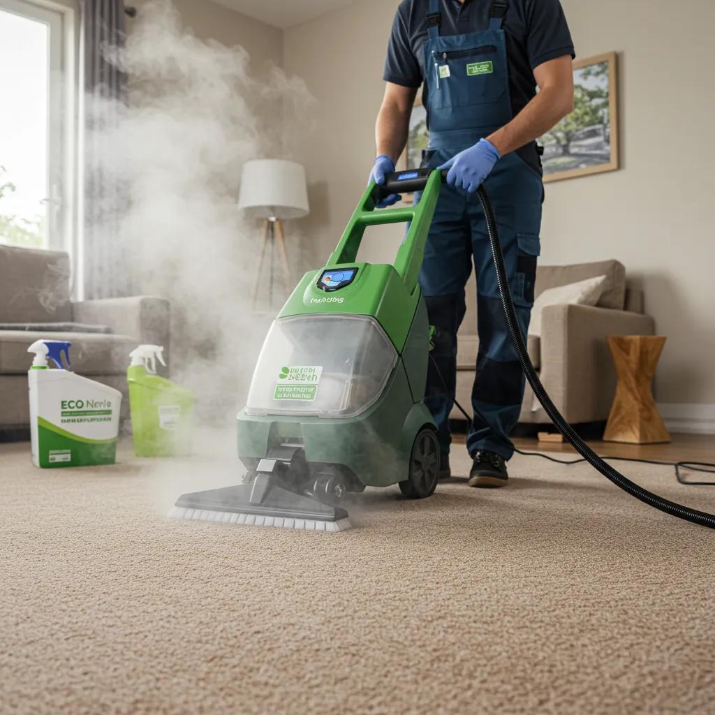 A professional expertly using a steam cleaning machine on a carpet, showcasing effective eco-friendly cleaning techniques.