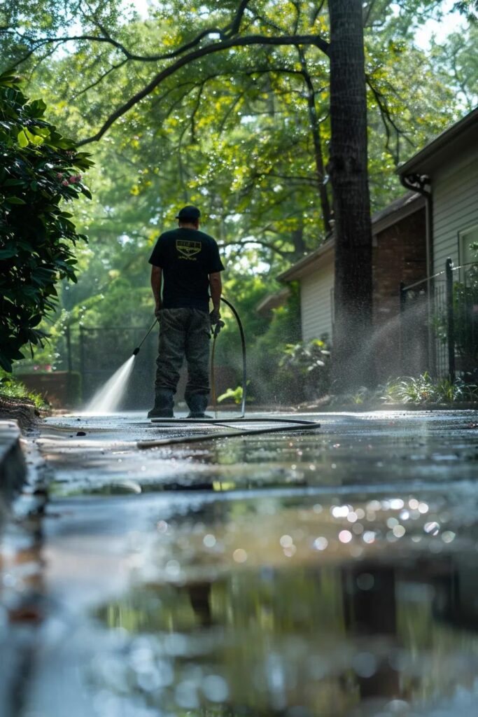 Soft washing a shaded driveway to safely remove mold and algae without damaging plants