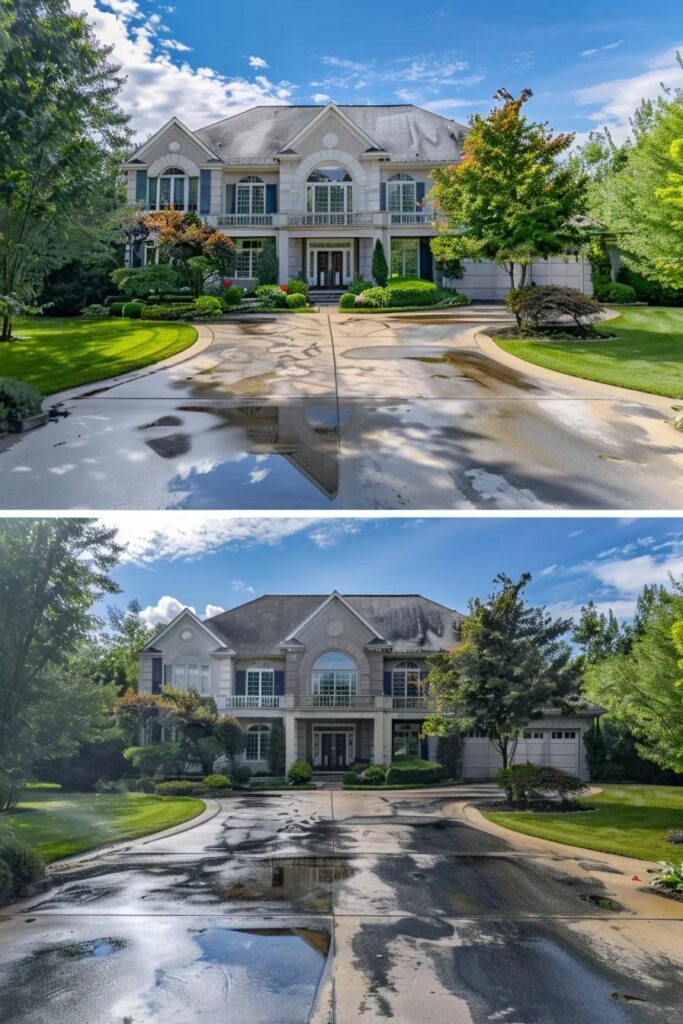 Before and after view showing results of a professional power wash on home exterior surfaces