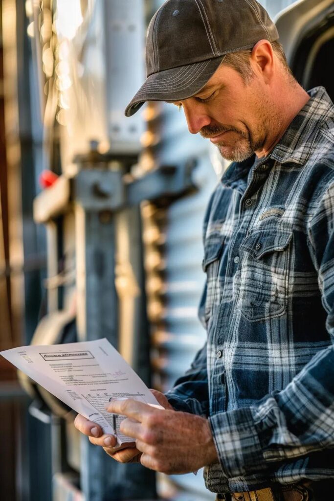 Technician showing insurance and license documents during an on-site estimate