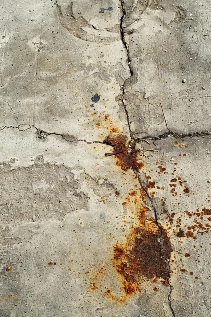 Close-up of common driveway stains—oil, mold, and rust—on concrete surfaces