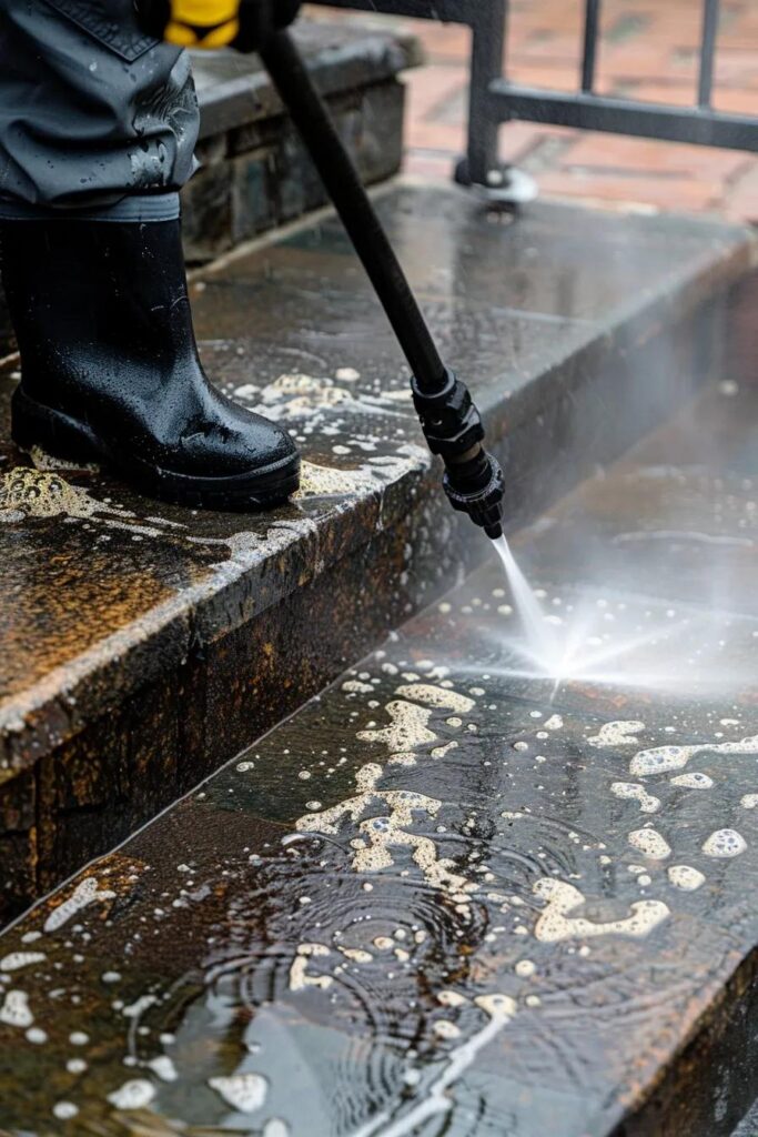 Visual steps showing Maid4you’s professional power washing process and safety measures