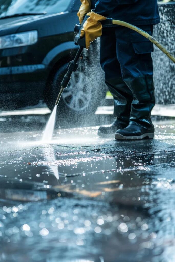 Technician using pressure-washing techniques to remove oil and grease from a driveway