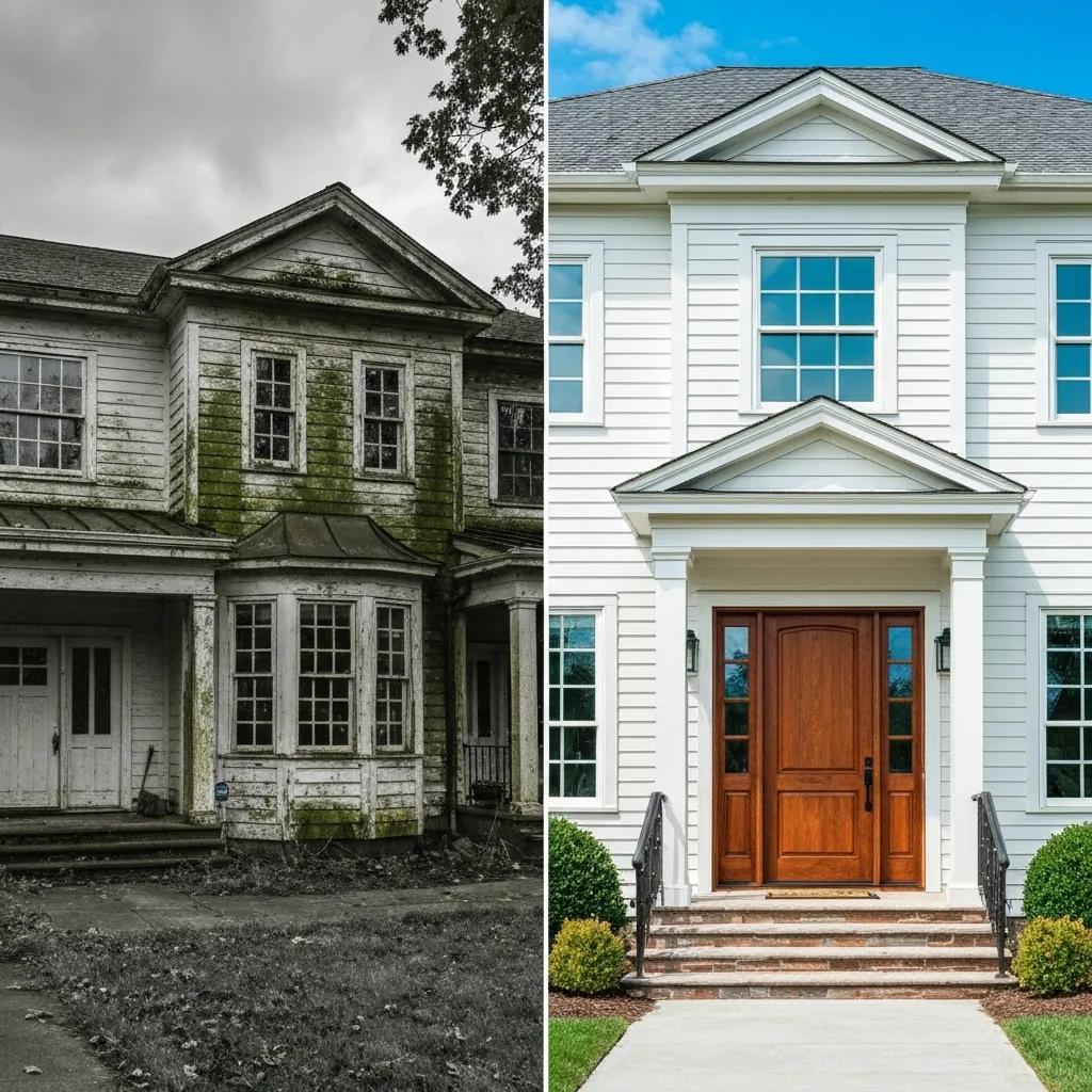 Before-and-after view of a home's exterior after professional pressure washing