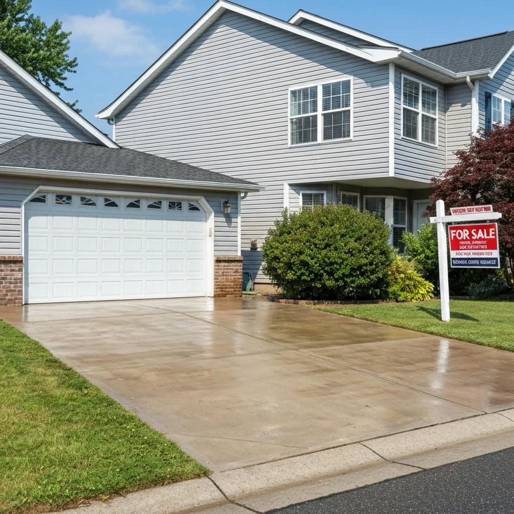 Bright, clean driveway and siding after pressure washing, improving curb appeal for resale