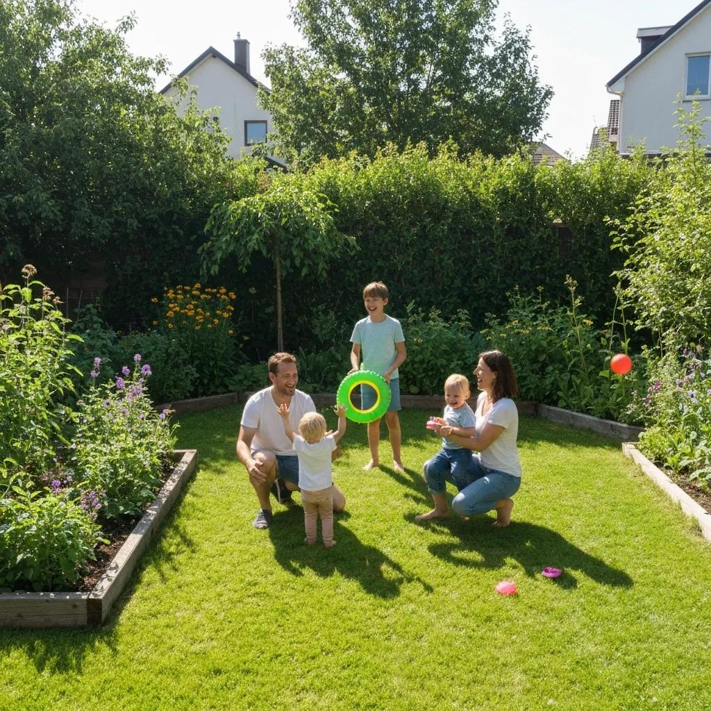 Family enjoying a clean, healthy home exterior with sunlight and greenery