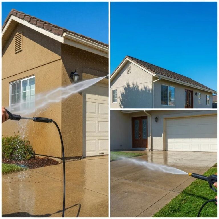 Home exterior being pressure washed, highlighting the cleaning process and benefits of pressure washing