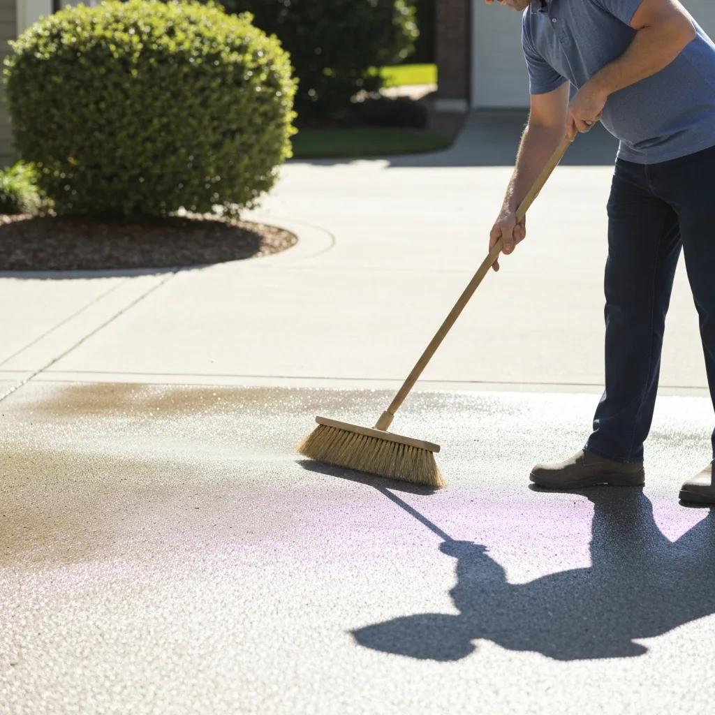 Homeowner sweeping a freshly cleaned driveway to maintain results