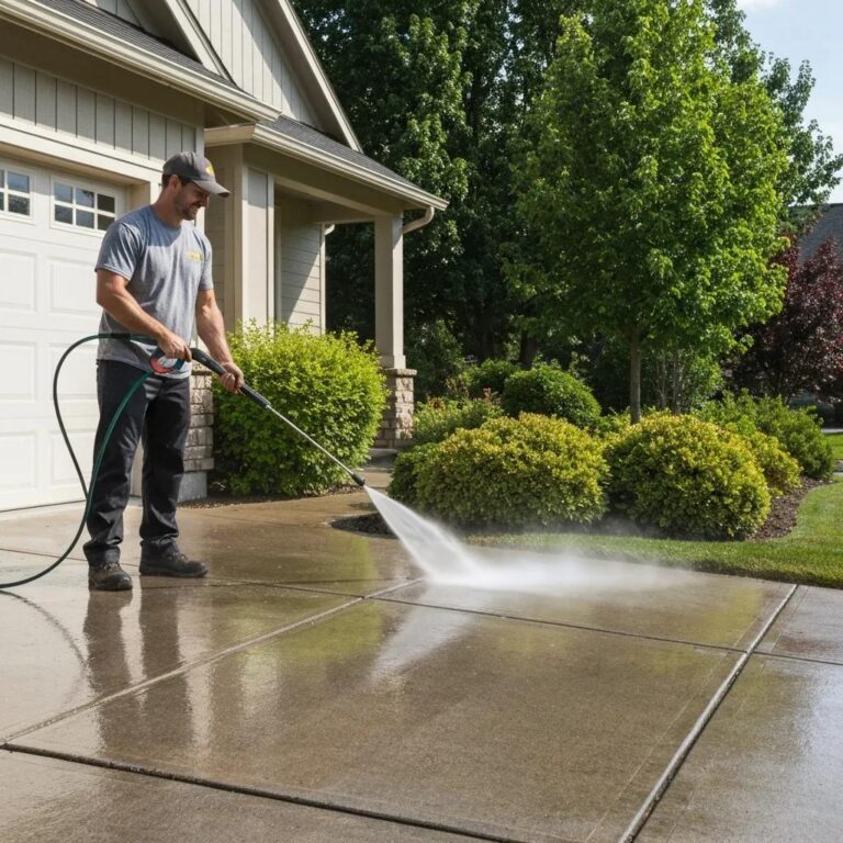 Maid4You technician using a pressure washer to restore a driveway's curb appeal