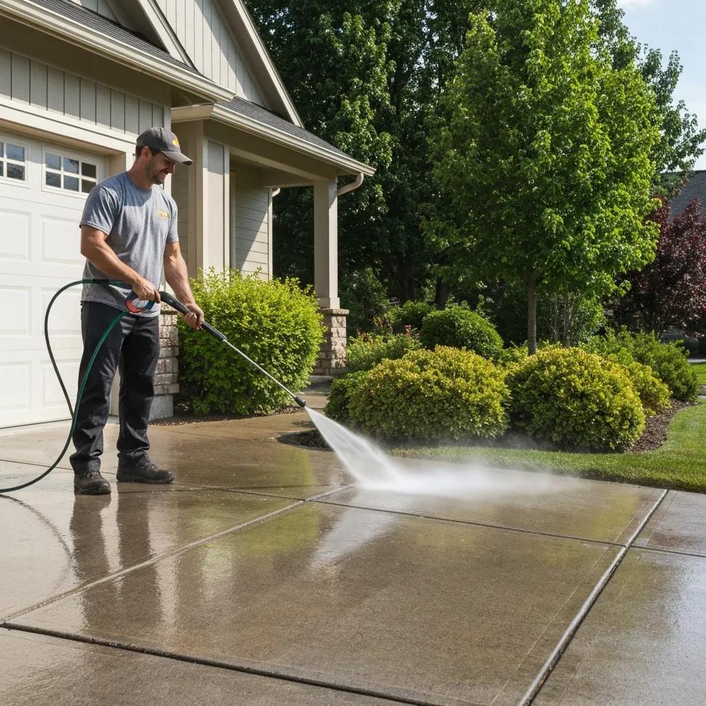 Maid4You technician using a pressure washer to restore a driveway's curb appeal